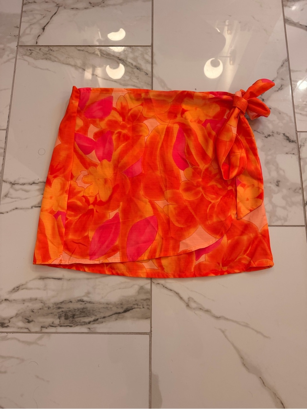 Midas Tie-Waist Floral Mini Skirt in Bright Orange & Pink